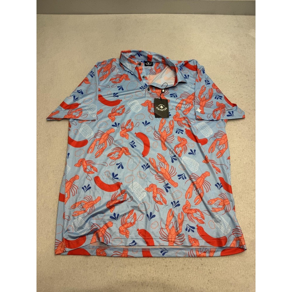 Raised By Coyotes Polo Shirt Mens 2XL Blue Crawfish Boil Graphic Golf Stretch